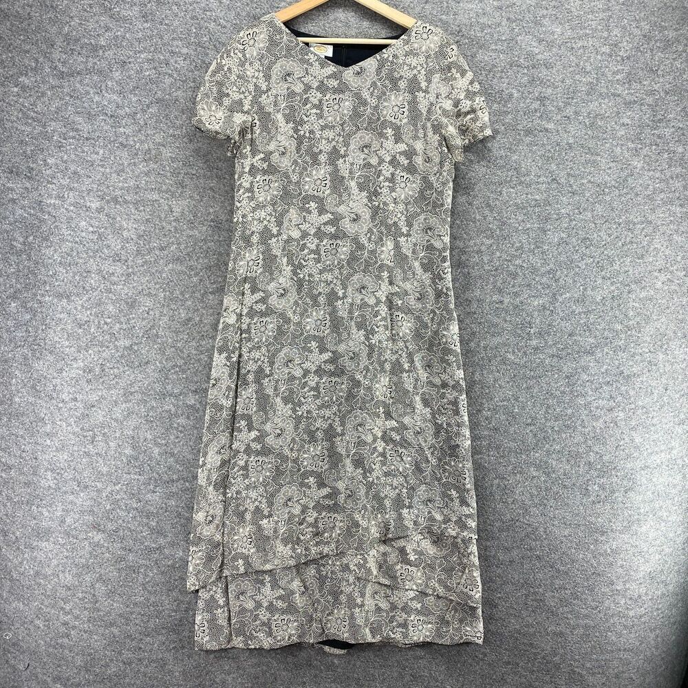Talbots Dress Women 14 Gray Floral Maxi Long V-Neck Zipper Lined Crochet Casual